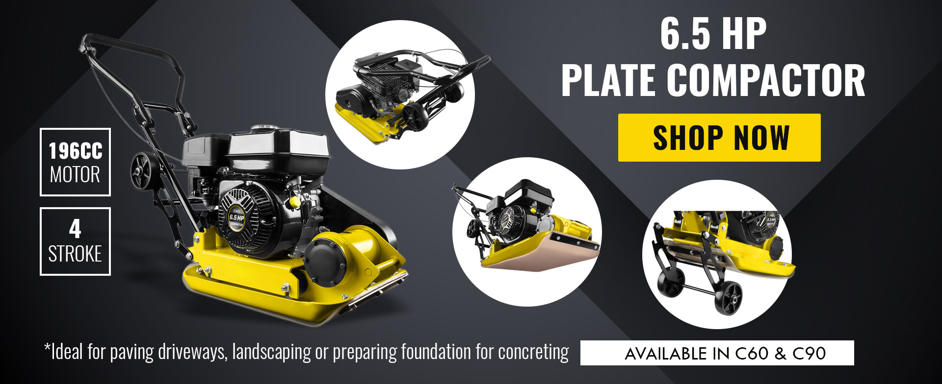 GPT Tools 6.5HP plate compactor 196CC 4-stroke — available in C60 and C90 for driveways and landscaping