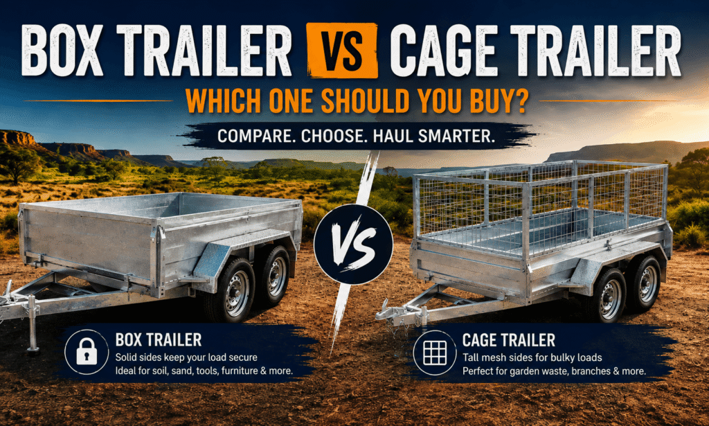Galvanised box trailer with solid sides next to a cage trailer with mesh sides on a concrete driveway