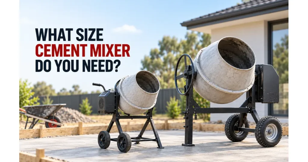Two different size cement mixers on a residential construction site
