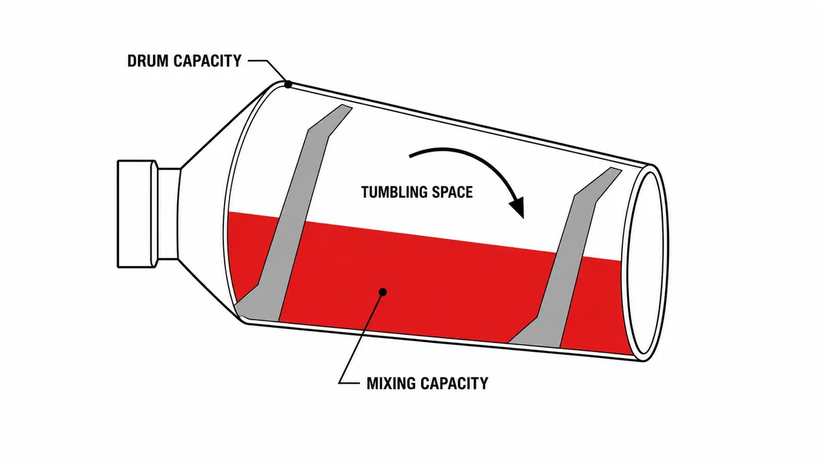 Cutaway diagram showing cement mixer drum capacity, mixing capacity and tumbling space