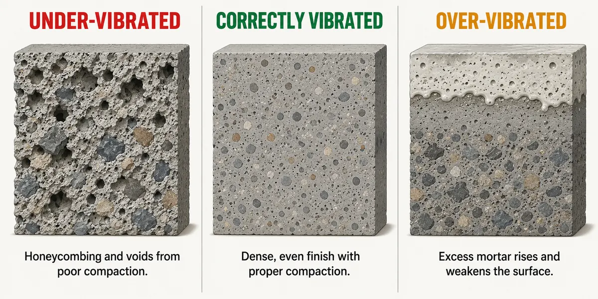 Illustration comparing honeycombed, correctly compacted and over-vibrated concrete