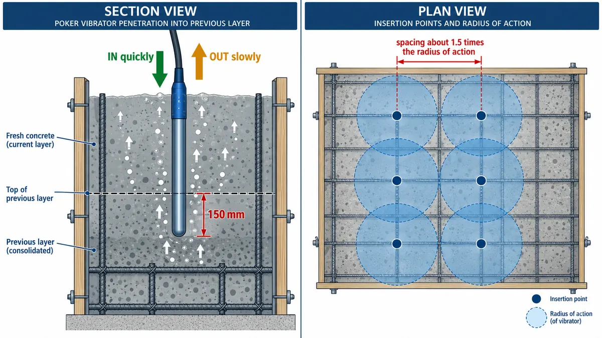 Diagram showing vertical insertion into the previous concrete layer with overlapping coverage