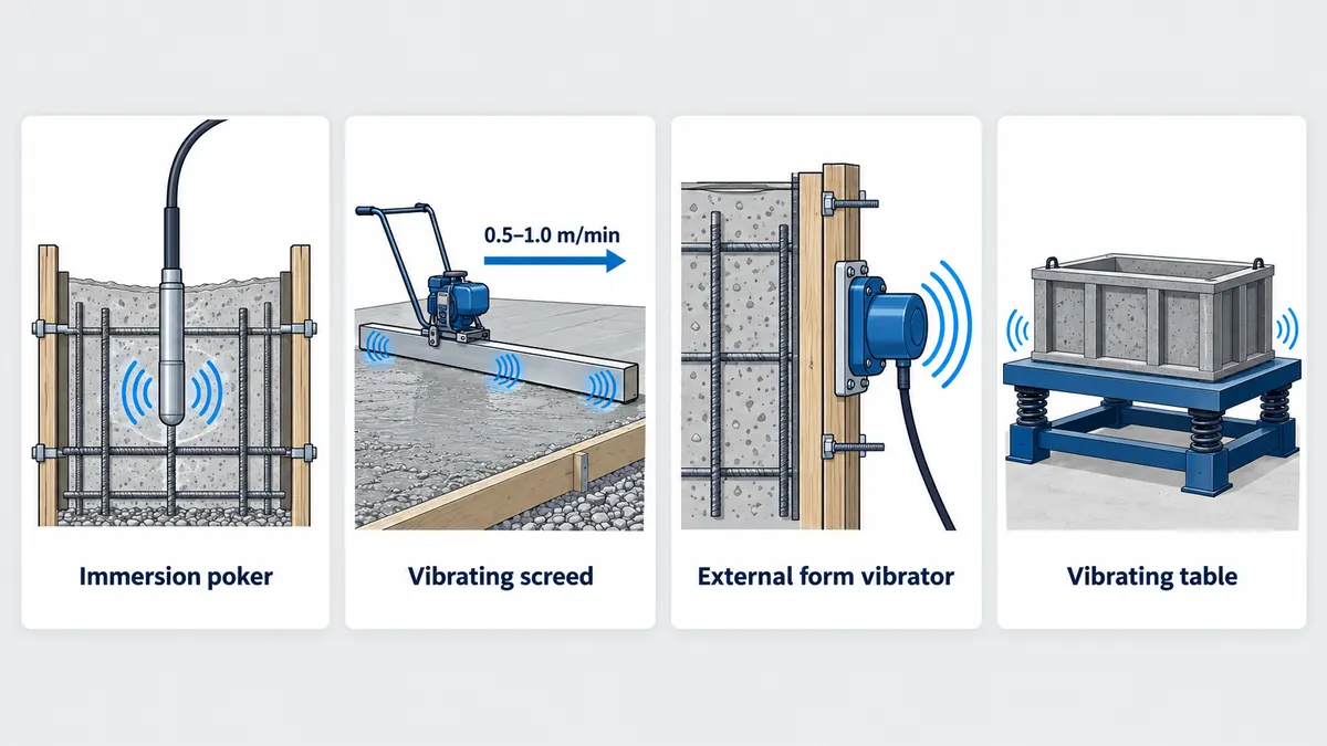 Four diagrams comparing immersion, screed, external form and table concrete vibrators