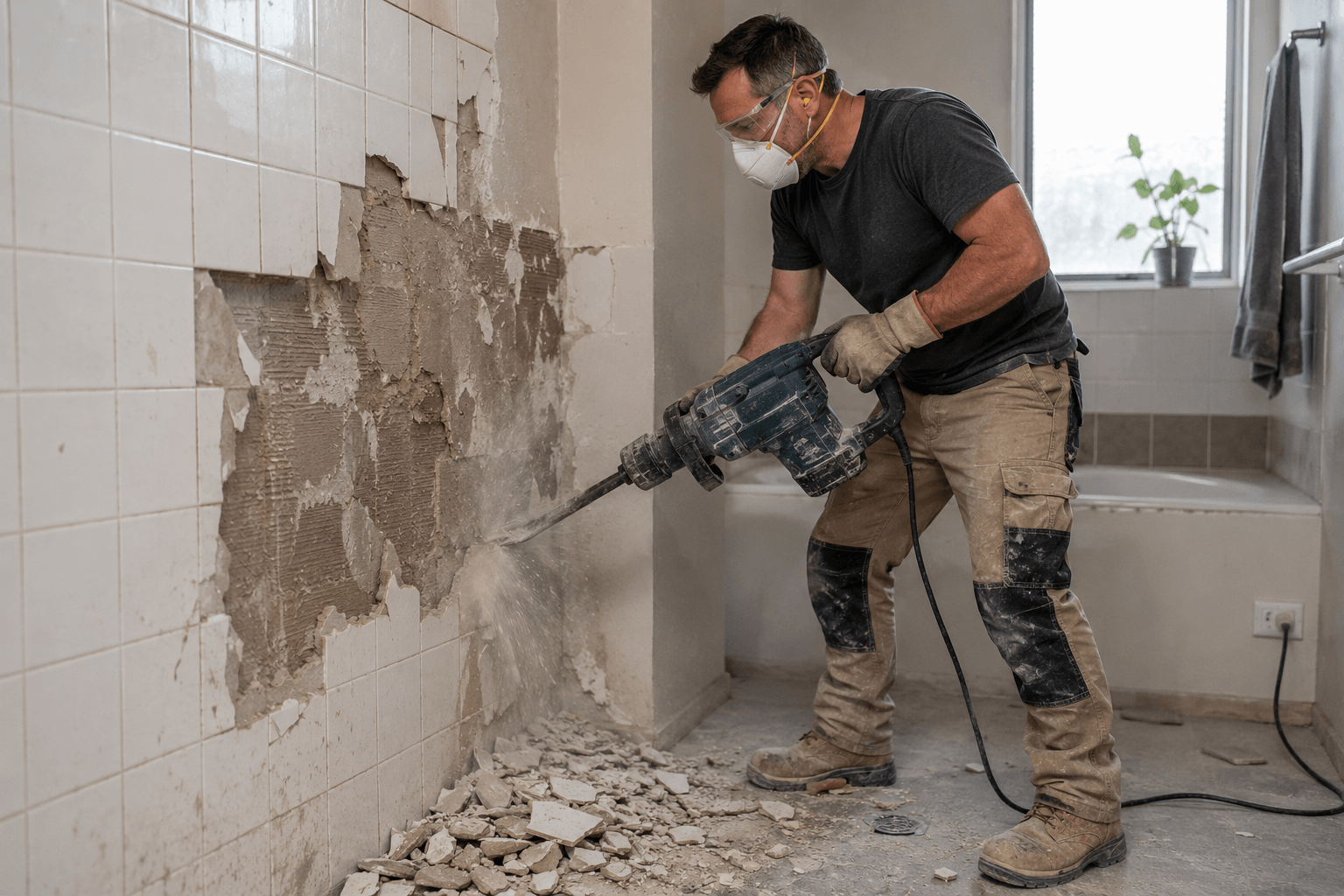 Electric demolition hammer being used to remove bathroom tiles from a concrete wall