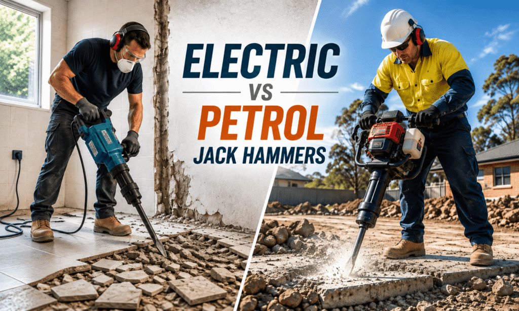 Electric demolition jack hammer next to a petrol jack hammer on a concrete worksite
