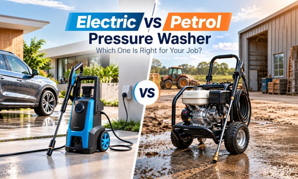 Electric pressure washer next to a petrol pressure washer on a concrete driveway