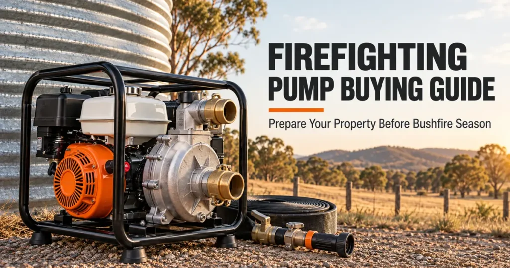 Petrol twin impeller firefighting pump beside a galvanised water tank with lay flat hose ready
