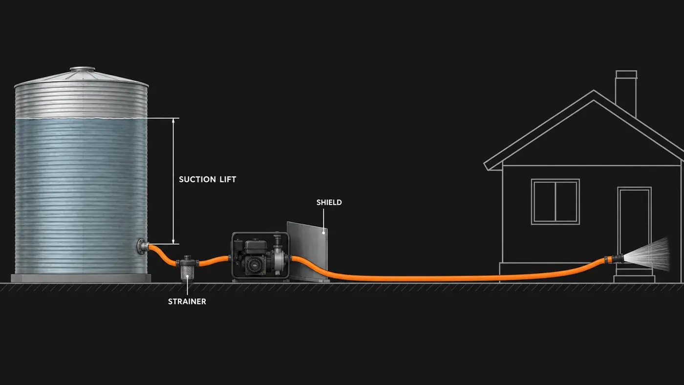 Diagram of a water tank, strainer, petrol pump and lay flat hose running to a house