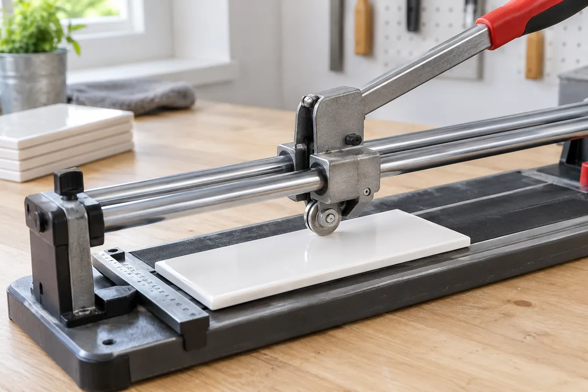 Manual score-and-snap tile cutter with a ceramic subway tile loaded and scoring wheel visible