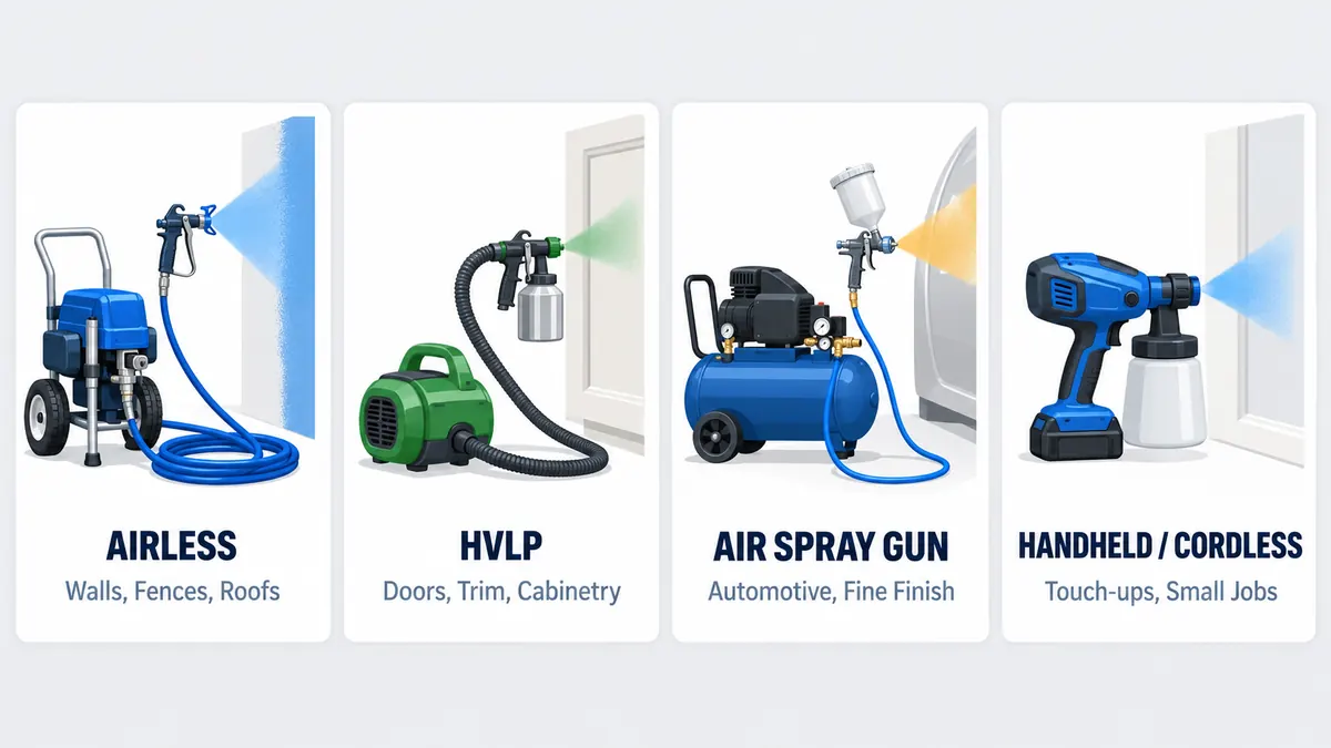 Four-panel diagram comparing airless, HVLP, air spray gun and handheld paint sprayers