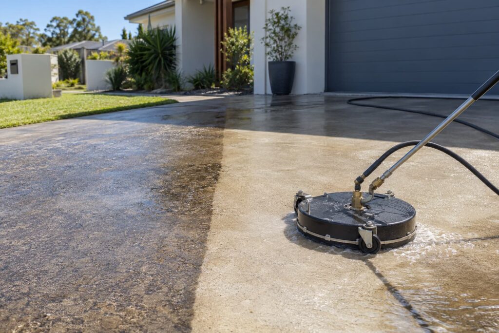 Petrol pressure washer cleaning oil stains from a concrete driveway with a surface cleaner attachment