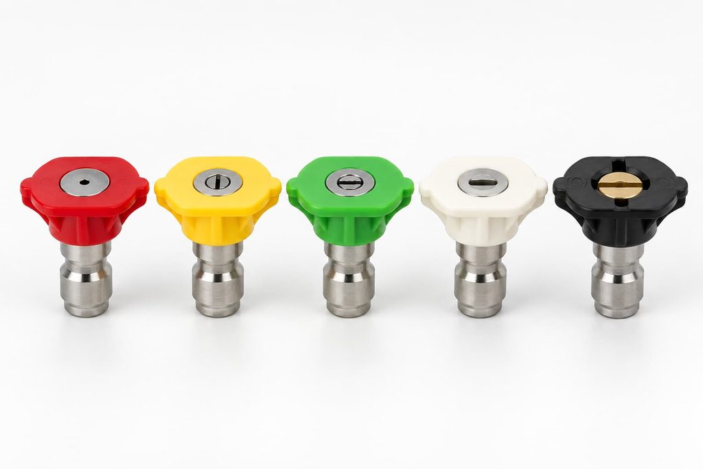 Set of five colour-coded pressure washer nozzles arranged in order from 0-degree red to 40-degree white