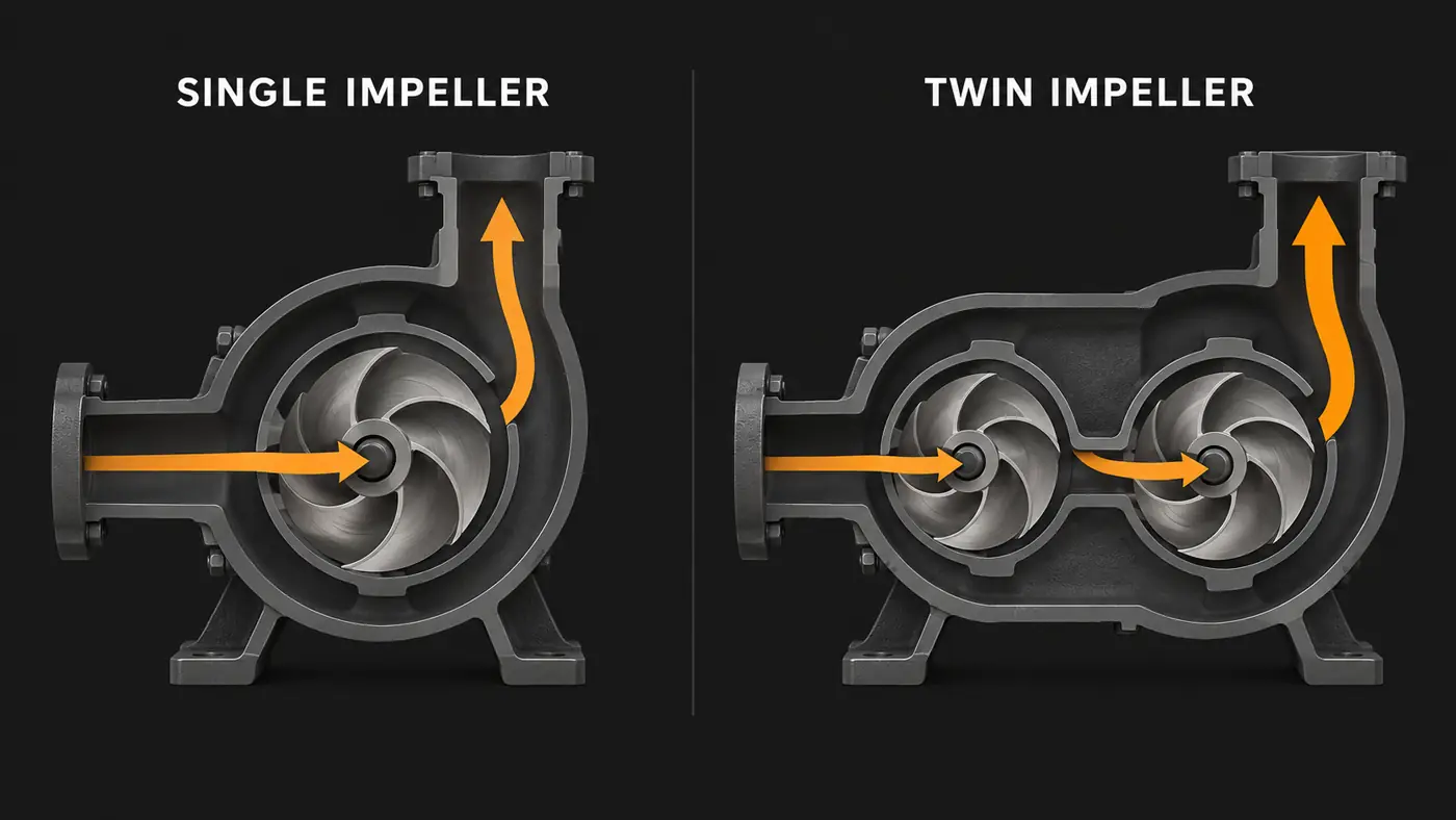 Cutaway diagram comparing a single impeller pump with a two-stage twin impeller pump