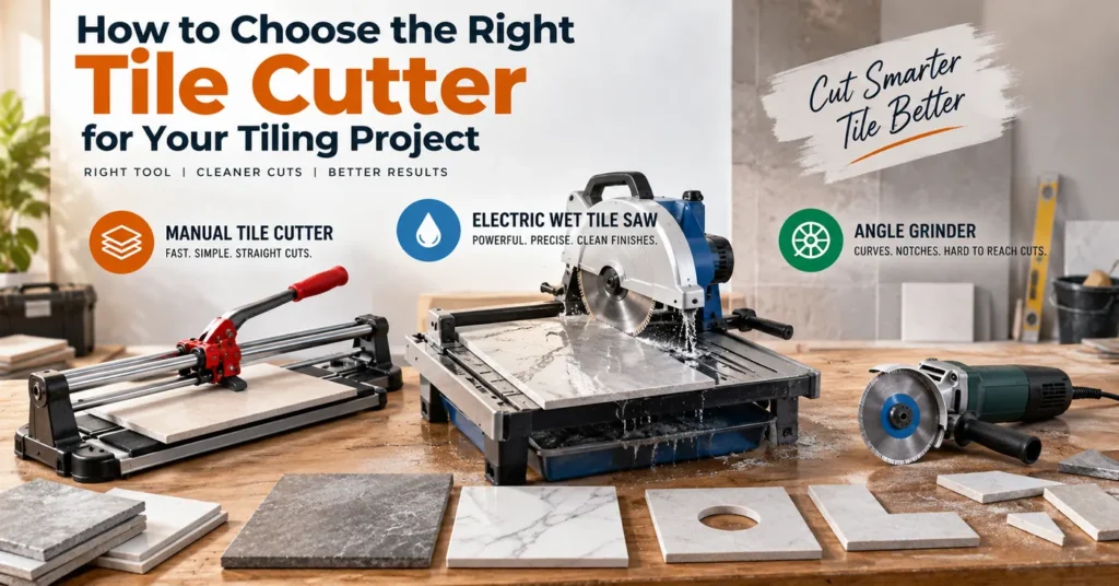 Manual score-and-snap tile cutter, electric wet tile saw and angle grinder with diamond blade arranged on a workbench